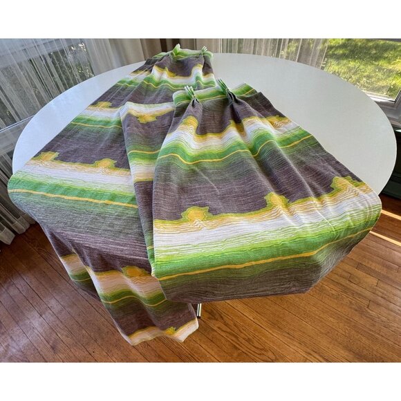Vintage 70s curtains, green yellow, brown groovy stripes, pair pleated of panels - Picture 8 of 10